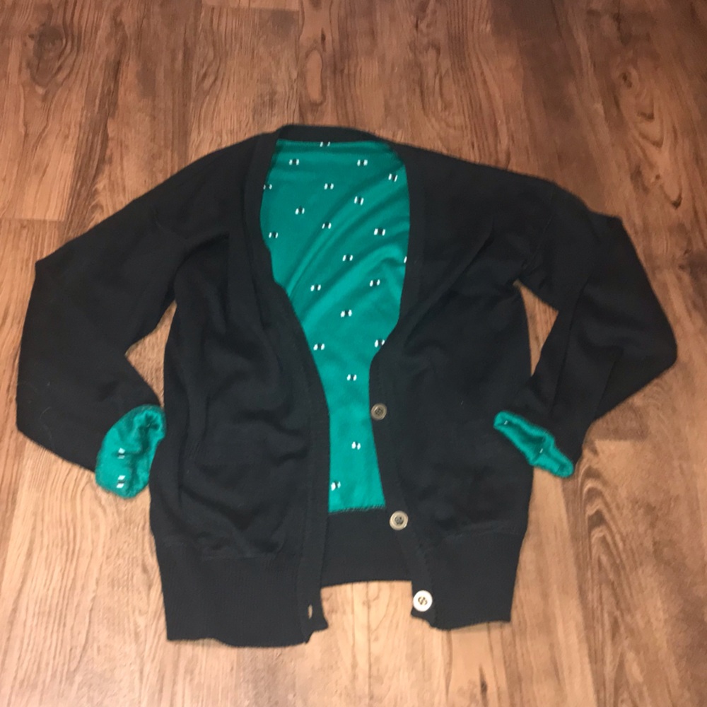 Vintage Miami Vice style Black Cardigan with Teal Polka Dot Lining medium